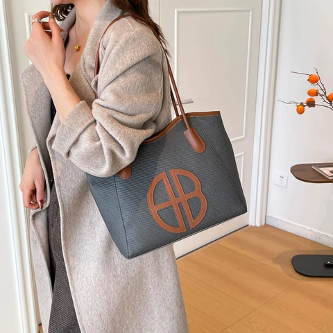 Bolso Tote Tejido de Gran Capacidad para Mujer con Ribete de Cuero PU Bolso de Hombro Color en Contraste Shopper Trabajo Logo