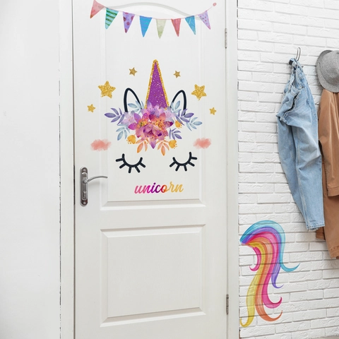 Autocollants Muraux Licorne PVC Arc-En-Ciel Fleurs Étoiles Bannières Décor Pour Chambre D'Enfant Dessin Animé Imperméable