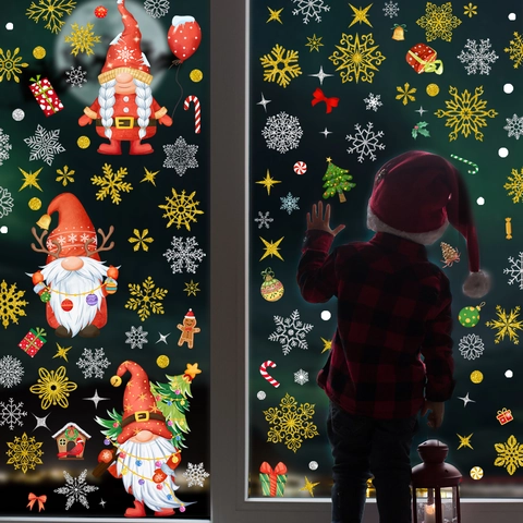 Pegatinas Ventana Navidad Gnomo Copo Nieve Estáticas Para Vidrio Decoración Navidad Hogar Reutilizable PVC Sin Pegamento