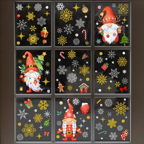 Pegatinas Ventana Navidad Gnomo Copo Nieve Estáticas Para Vidrio Decoración Navidad Hogar Reutilizable PVC Sin Pegamento