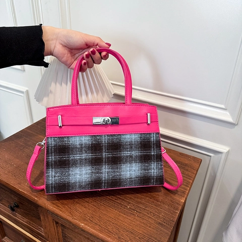 Women Plaid Patchwork Handbag PU Leather Woolen Square Crossbody Bag Top Handle Adjustable Strap Vintage Shoulder Bag