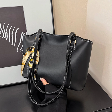 Damen Große Kapazität Tote Bag Kunstleder Vintage Kontrastnähte Mit Satinschal Dekor Pendler Schultertasche