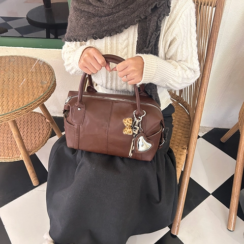 Vintage PU Leder Boston Tasche Damen Große Kapazität Umhängetasche Mit Leopard Herz Anhänger Crossbody Tote Handtasche Pendler