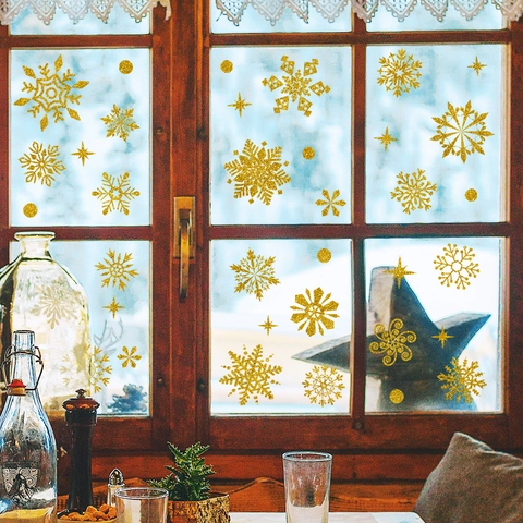 Gold Schneeflocke Weihnachten Fensteraufkleber Statische Glitzer Xmas Aufkleber Für Glasfenster Winter Urlaub Party Home Dekoration