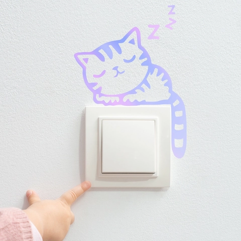 Autocollant Interrupteur Lumineux Brille Dans Le Noir PVC Chat Qui Dort Dessin Animé Animal Décoration Murale Auto Adhésif
