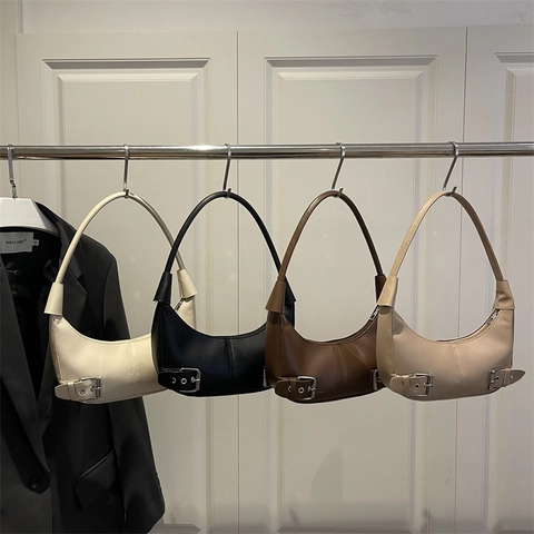 PU Leather Hobo Underarm Shoulder Bag Minimalist Half Moon Shape With Silver Buckle Decoration For Women Niche Trend