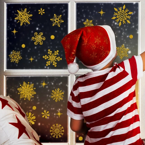 Gold Schneeflocke Weihnachten Fensteraufkleber Statische Glitzer Xmas Aufkleber Für Glasfenster Winter Urlaub Party Home Dekoration