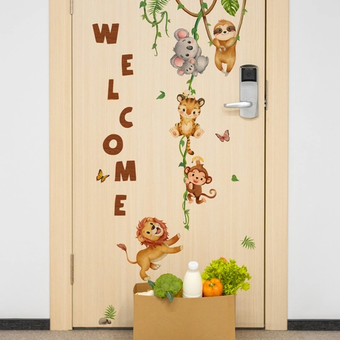 Cartoon Jungle Dieren Muurstickers Welcome Belettering PVC Verwijderbare Decals Kinderkamer Babykamer Deur Decoratie Esthetisch