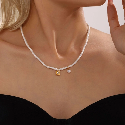Elegant Shell Artificial Pearl Necklace Stainless Steel Zircon Geometric Pendant Clavicle Chain For Women Tarnish Resistant Jewelry