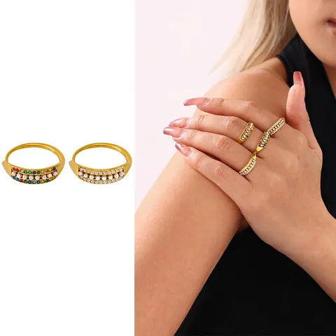 Luxury Stainless Steel Adjustable Ring With Colorful Zircon And White Imitation Artificial Pearl Vintage Gold Silver Band Ring For Women Jewelry