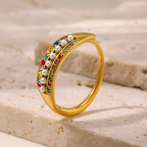Luxury Stainless Steel Adjustable Ring With Colorful Zircon And White Imitation Artificial Pearl Vintage Gold Silver Band Ring For Women Jewelry