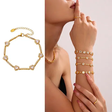 Pulsera De Corazón Con Zirconia Para Mujer Acero Inoxidable Chapado En Oro 18K Joyería Elegante Con Cadena De Extensión