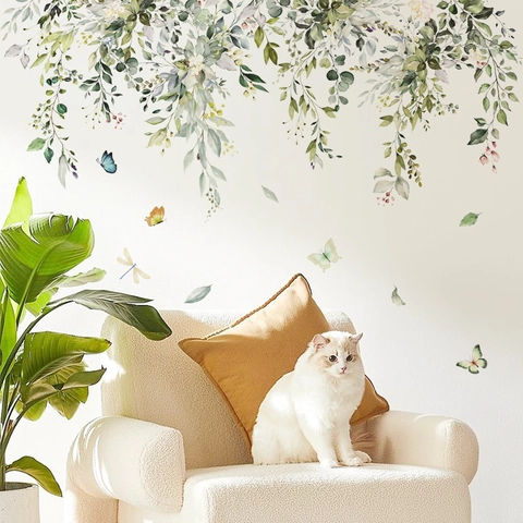 Pegatina De Pared Hojas Verdes Flores Mariposa PVC Autoadhesiva Acuarela Vides Colgantes Decoración Sala Dormitorio