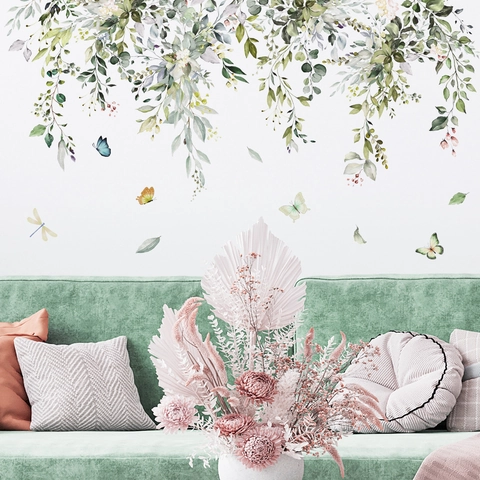 Pegatina De Pared Hojas Verdes Flores Mariposa PVC Autoadhesiva Acuarela Vides Colgantes Decoración Sala Dormitorio