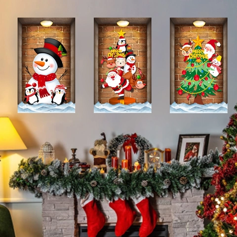 Weihnachts Wandaufkleber 3D Ziegel Effekt PVC Aufkleber Selbstklebend Schneemann Weihnachtsmann Rentier Für Heimdeko