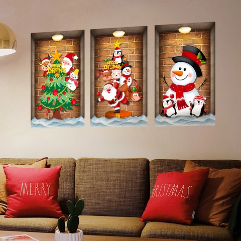 Weihnachts Wandaufkleber 3D Ziegel Effekt PVC Aufkleber Selbstklebend Schneemann Weihnachtsmann Rentier Für Heimdeko
