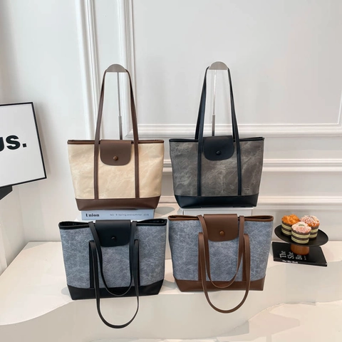 Vintage Contrast Color PU Leather Tote Bag Large Capacity Minimalist Shoulder Bag With Flap Button For Women Daily Commute