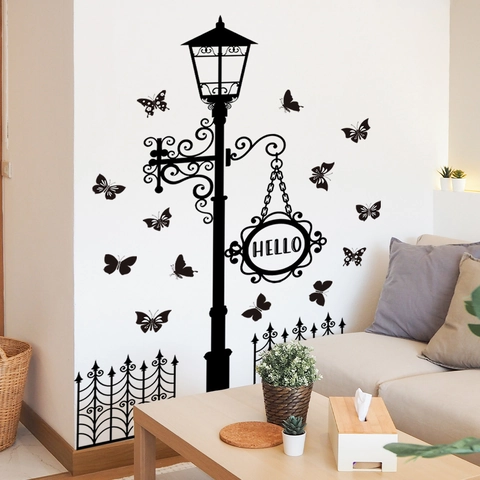 Stickers Muraux Lanterne De Rue Papillon Clôture PVC Amovible Autocollants Pour Décoration De Salon Chambre À Coucher