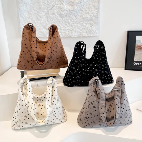 Women Korean Style Corduroy Bowknot Heart Print Underarm Bag Fashion Casual Large Capacity Hobo Shoulder Bag Commute Tote Handbag
