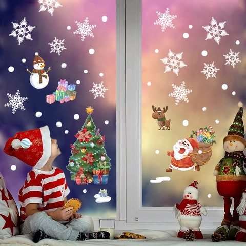 Christmas Santa Claus Snowflake Window Stickers Static Cling PVC Xmas Tree Reindeer Decor For Glass Mirror