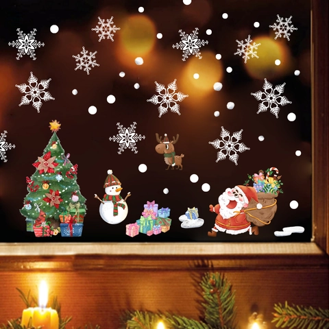 Christmas Santa Claus Snowflake Window Stickers Static Cling PVC Xmas Tree Reindeer Decor For Glass Mirror