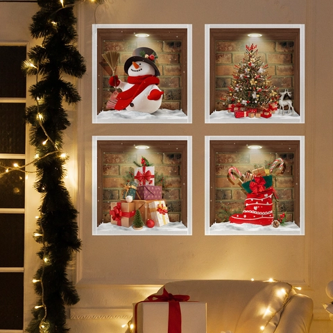 Autocollants Muraux Noël Stéréoscopiques Motif Bonhomme De Neige Père Noël PVC Décalcomanies Maison Auto-adhésifs Décoration