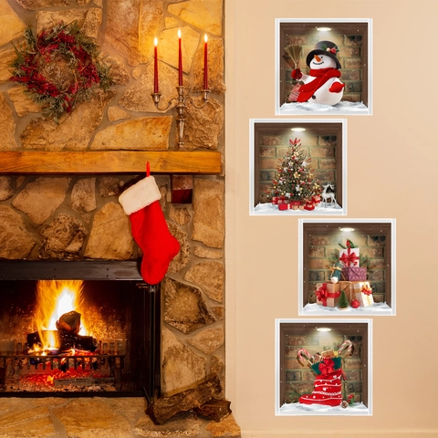 Autocollants Muraux Noël Stéréoscopiques Motif Bonhomme De Neige Père Noël PVC Décalcomanies Maison Auto-adhésifs Décoration