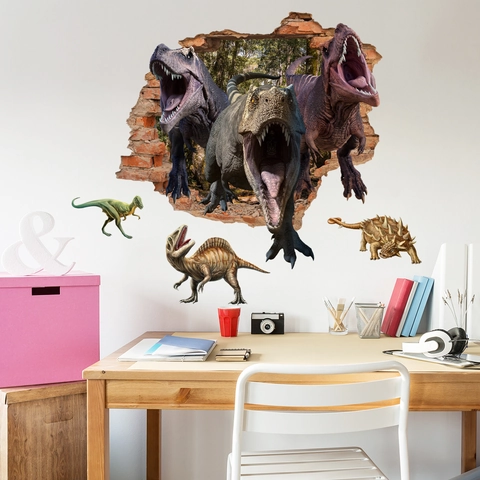 Realistic 3D Broken Wall Dinosaur Wall Sticker PVC Removable Waterproof T-Rex Animal Decal For Kids Room Bedroom Living Room Home Decor