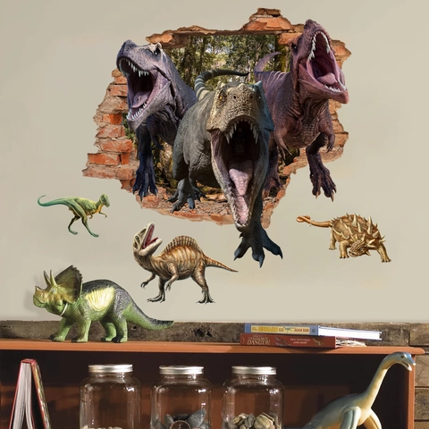 Realistic 3D Broken Wall Dinosaur Wall Sticker PVC Removable Waterproof T-Rex Animal Decal For Kids Room Bedroom Living Room Home Decor