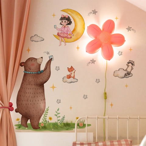 Autocollants Muraux PVC Ours Lune Fille Étoiles Nuages Pour Décoration Chambre Enfant Style Aquarelle