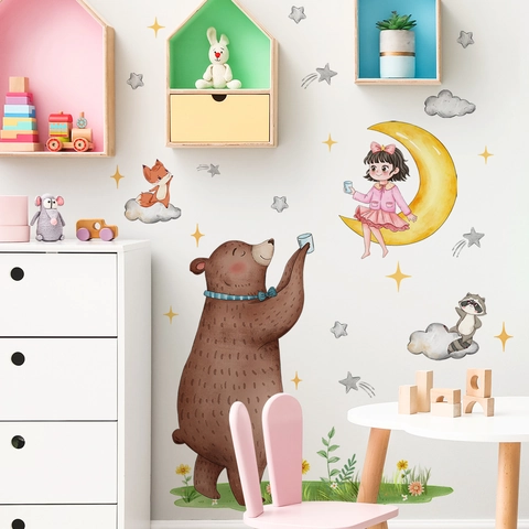 Autocollants Muraux PVC Ours Lune Fille Étoiles Nuages Pour Décoration Chambre Enfant Style Aquarelle