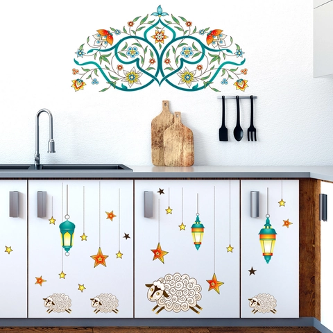 Adesivi Murali PVC Autoadesivi Stile Islamico Ramadan Lanterna Luna Stella Motivo Decorazione Casa Soggiorno Camera Da Letto