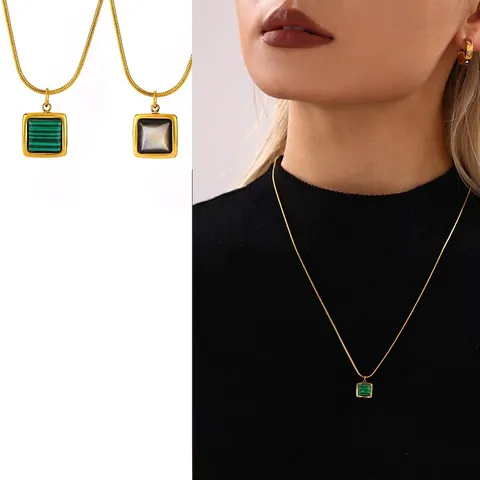 Square Pendant Necklace Stainless Steel Gold Plated Snake Chain With Black Shell And Malachite Inlay Elegant For Women