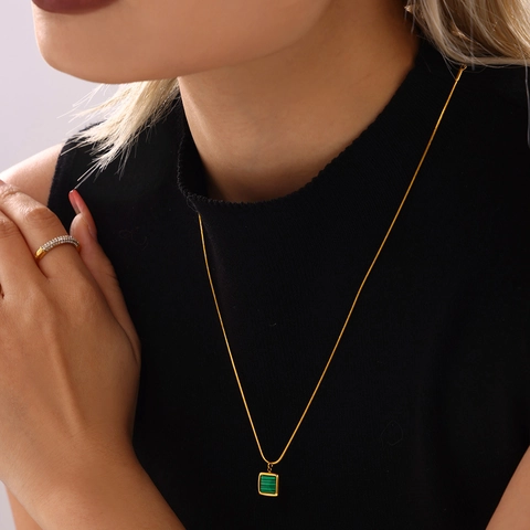 Square Pendant Necklace Stainless Steel Gold Plated Snake Chain With Black Shell And Malachite Inlay Elegant For Women