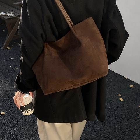 Damen Suede Tote Bag Große Kapazität Minimalistische Mattierte Umhängetasche Vintage Pendler Casual Unterarm Shopper Tasche