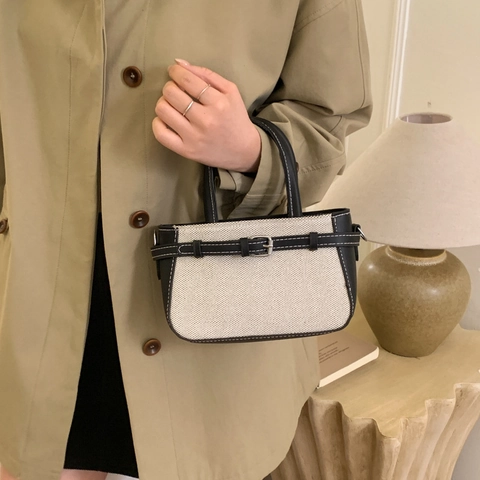 Borsa a Tracolla da Donna in Tela e Pelle PU con Cuciture Design di Nicchia Borsa a Mano Piccola Quadrata Colore a Contrasto