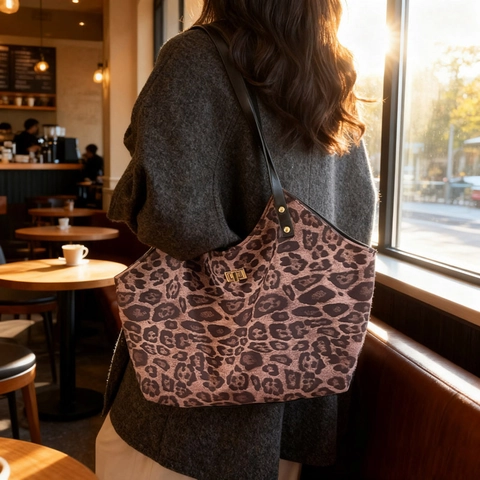 Retro Leopard Print Tote Bag Große Kapazität PU Leder Metallschloss Schulter Handtasche Für Frauen Pendeln Büro