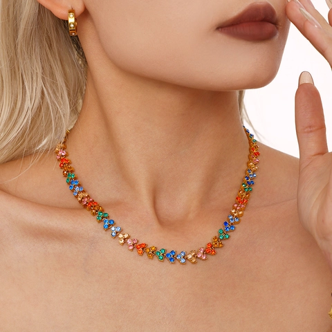 Stainless Steel Zircon Necklace And Bracelet PVD 18K Gold Plated Heart Flower Multicolor Zircon Jewelry For Women