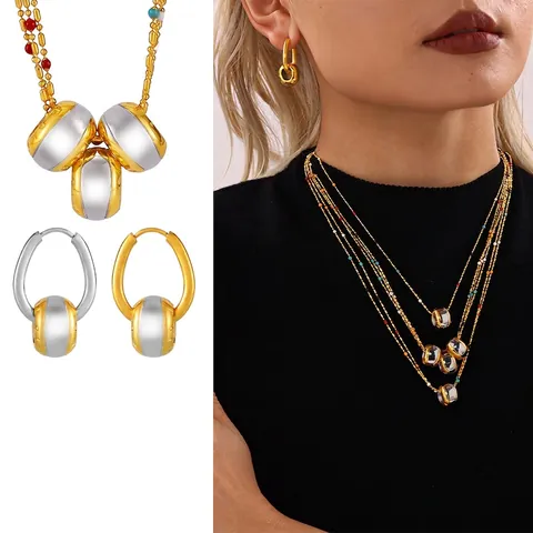 Set di Gioielli in Acciaio Inossidabile Bicolore Cilindro Collana a Strati Perle Colorate Per Donna Accessorio Moda