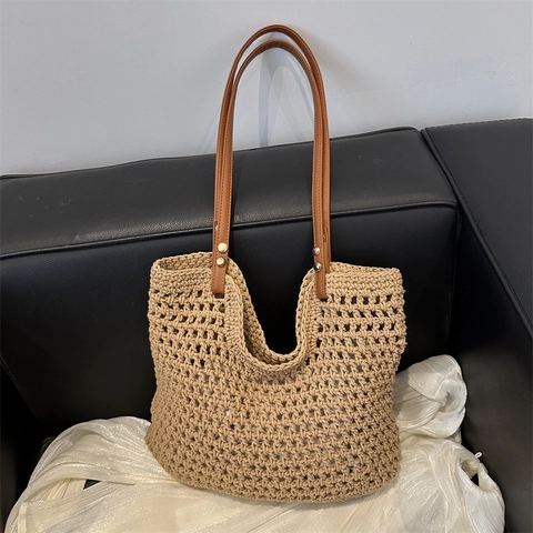 Damen Casual Baumwolle Gewebt Tote Bag Große Kapazität Ausschnitt Handgefertigte Umhängetasche Mit PU Ledergriff Urlaub Strandtasche