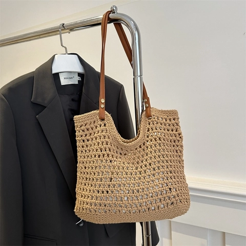 Damen Casual Baumwolle Gewebt Tote Bag Große Kapazität Ausschnitt Handgefertigte Umhängetasche Mit PU Ledergriff Urlaub Strandtasche
