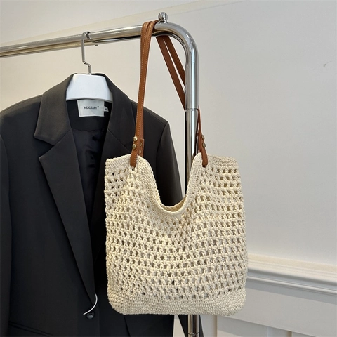 Γυναικεία Casual Πλεκτή Τσάντα Tote με Βελονάκι Διάτρητη Τσάντα Παραλίας με Λουράκι από Δέρμα PU Μεγάλη Χωρητικότητα