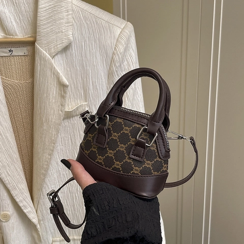 Mini Borsa a Tracolla a Conchiglia Monogram Vintage in Pelle PU Splicing Borsa a Mano Donna Borsa a Spalla alla Moda Quotidiana