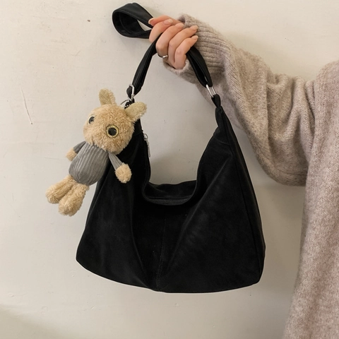 Borsa Hobo Donna Retro in Pelle PU Minimalista Grande Capacità Borsa a Tracolla Con Simpatico Ciondolo in Peluche Borsa Tote Moda