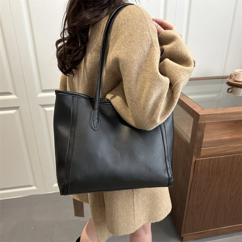 Bolso Tote Grande de Cuero PU para Mujer Bolso de Hombro Minimalista Bolso de Axila Color Sólido para Oficina Trabajo Diario Casual