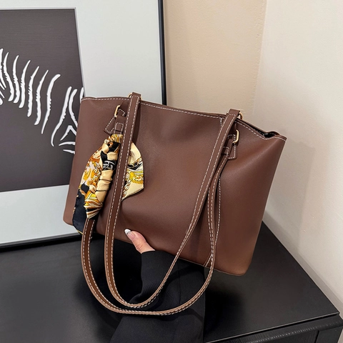 Large Capacity PU Leather Tote Bag For Women With Scarf Decor And White Contrast Stitching Casual Commute Handbag