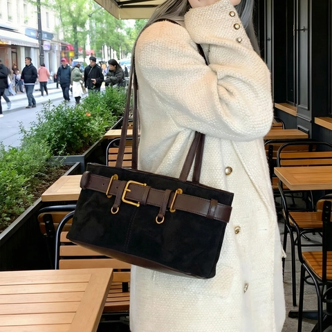 Damen Kunstwildleder Einkaufstasche Große Kapazität Vintage Schulter Achsel Tasche Mit Gürtelschnalle Pendeln Mode Handtasche PU