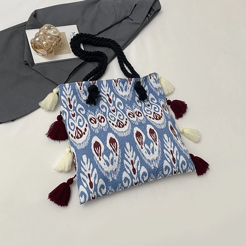 Borsa Tote in Tela Jacquard Etnica Bohémien da Donna Grande Capacità Motivo Geometrico Borsa a Spalla Con Nappine e Manici in Corda