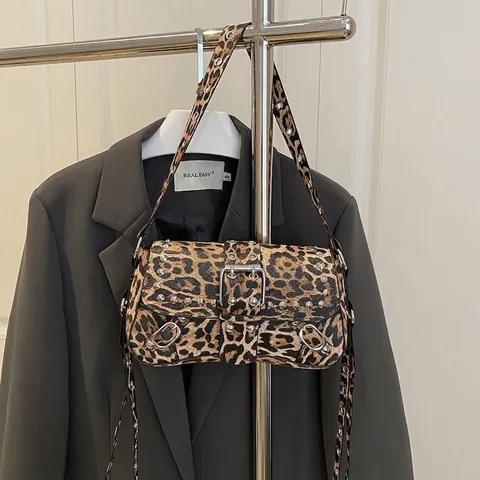 Leopard Print PU Leather Baguette Bag With Silver Metal Studs Punk Y2K Style Women Shoulder Bag Underarm Purse