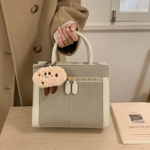 Women Retro Square Crossbody Bag PU Leather Suede Texture Large Capacity Zippered Handbag With Plush Charm Minimalist